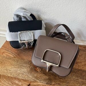 Taupe Black Structured Boxy Epsom Leather Logo Mini Crossbody Bag